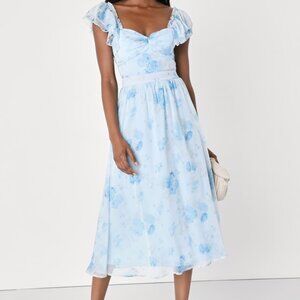 Lulus Loveliest Darling Light Blue Floral Ruffled Tie-back Midi Dress - Size S